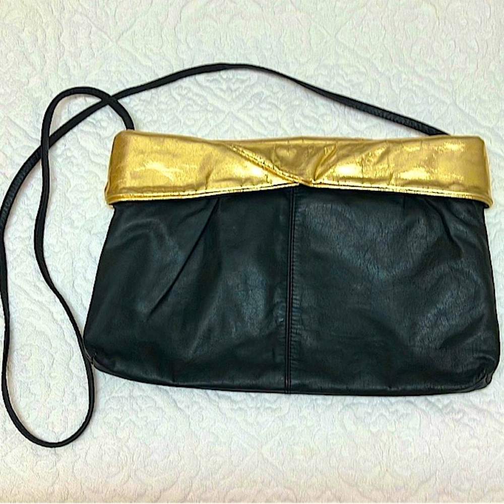 Vintage bag in black and shiny gold leather, long strap, crossbody or shoulder